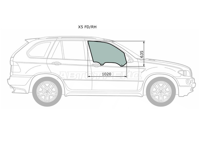 Стекло боковое опускное (Спереди / Справа / Цвет зеленый) BMW X5 99-06 (XYG: X5 FD/RH)