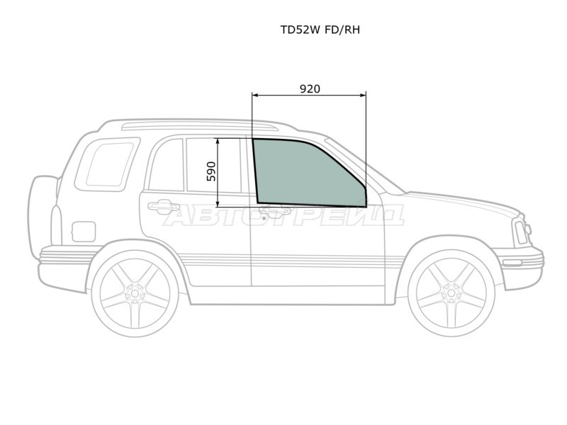 Стекло боковое опускное (Спереди / Справа / Цвет зеленый) Suzuki Escudo 97-05  / Grand Vitara 97-05  / Chevrolet Tracker 97-05  / Mazda Proceed Levante 98-99  / Suzuki Grand Escudo 00-05  / Grand Vitara XL-7 01-06 (XYG: TD52W FD/RH)