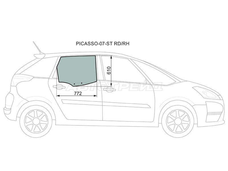 Стекло боковое опускное (Сзади / Справа / Цвет зеленый) Citroen C4 Picasso 07-14 (XYG: PICASSO-07-ST RD/RH)