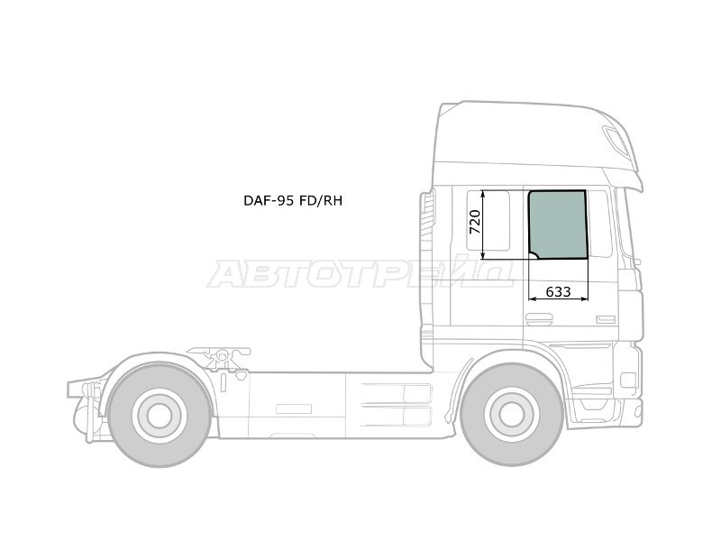 Стекло боковое опускное (Спереди / Справа / Цвет зеленый) Daf 95 88-08  / XF 06-12 (XYG: DAF-95 FD/RH)