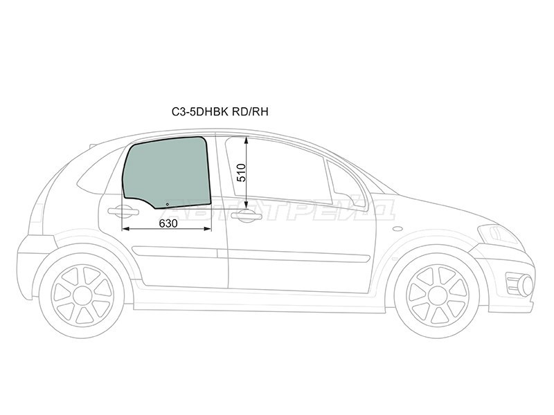 Стекло боковое опускное (Сзади / Справа / Цвет зеленый) Citroen C3 01-10 (XYG: C3-5DHBK RD/RH)