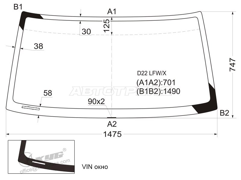 Стекло лобовое Nissan Terrano 86-96  / Datsun 85-02  / Frontier 97-04  / Navara 98-05 (XYG: D22 LFW/X)
