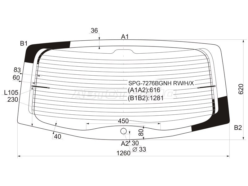Стекло заднее (Цвет зеленый / Обогрев) Renault Sandero 09-14  / Dacia Sandero 08-12  / Renault Sandero Stepway 10-14 (SAT: SPG-7276BGNH RW/H/X)