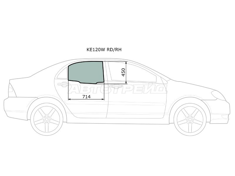 Стекло боковое опускное (Сзади / Справа / Цвет зеленый) Toyota Corolla (E120) 00-07  / Corolla Fielder (E120) 00-06  / Corolla JPN (E120) 00-07  / BYD F3 05-14 (XYG: KE120W RD/RH)