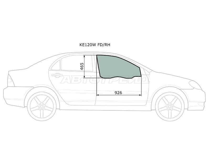 Стекло боковое опускное (Спереди / Справа / Цвет зеленый) Toyota Corolla (E120) 00-07  / Corolla Fielder (E120) 00-06  / Corolla JPN (E120) 00-07  / BYD F3 05-14  / Lifan Solano 10-16  / Toyota Allex 01-06  / Corolla Runx (E120) 01-06 (XYG: KE120W FD/RH)
