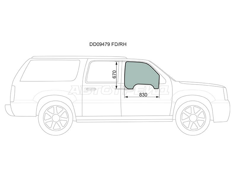 Стекло боковое опускное (Спереди / Справа / Цвет зеленый) Cadillac Escalade 01-06  / Chevrolet Avalanche 03-06  / Silverado 99-07 (XYG: DD09479 FD/RH)