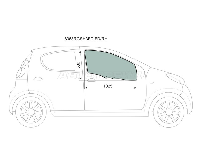 Стекло боковое опускное (Спереди / Справа / Цвет зеленый) Citroen C1 05-14  / Peugeot 107 05-15  / Toyota Aygo 05-14 (XYG: 8363RGSH3FD FD/RH)