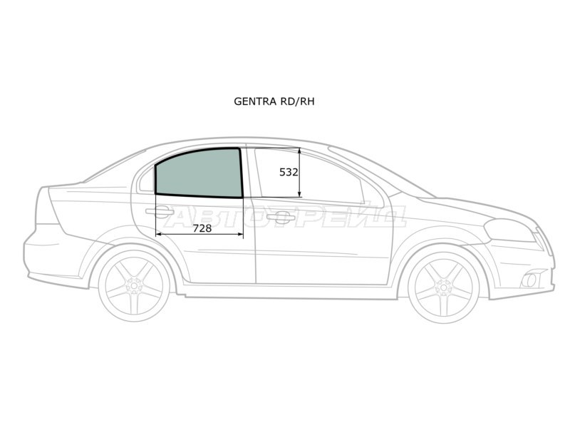 Стекло боковое опускное (Сзади / Справа / Цвет зеленый) Chevrolet Aveo 05-11  / Nexia 20-  / Daewoo Gentra 05-11  / Ravon Nexia R3 16-  / ЗАЗ Вида 12-14 (XYG: GENTRA RD/RH)
