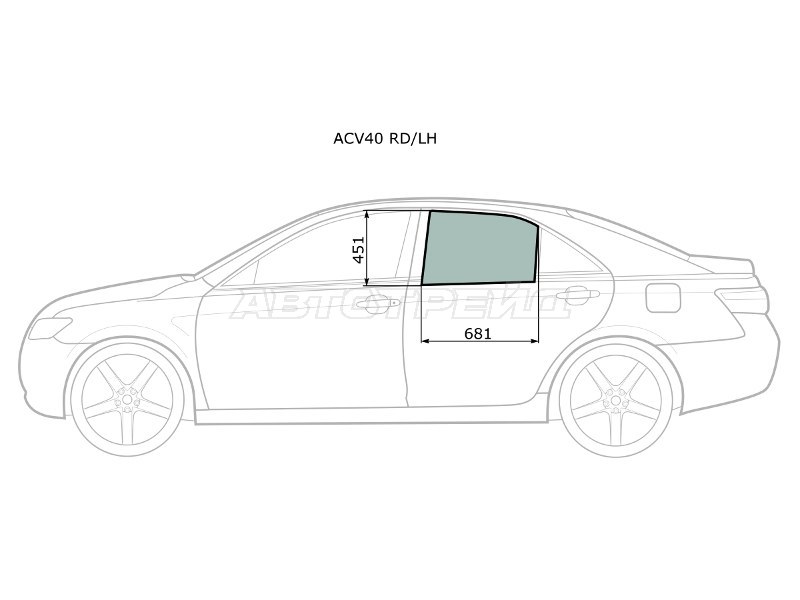 Стекло боковое опускное (Сзади / Слева / Цвет зеленый) Toyota Camry (XV40) 06-11  / Daihatsu Altis 06-10  / Toyota Aurion 06-12  / Camry UAE /USA 06-11 (XYG: ACV40 RD/LH)
