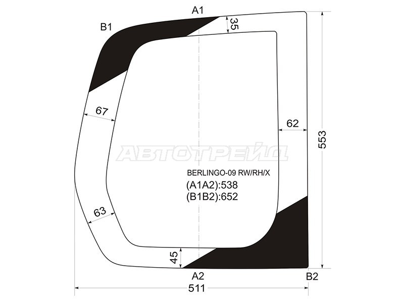 Стекло заднее (Цвет зеленый) Citroen Berlingo 08-22  / Peugeot Partner 08-15  / Partner Tepee 08-18 (XYG: BERLINGO-09 RW/RH/X)