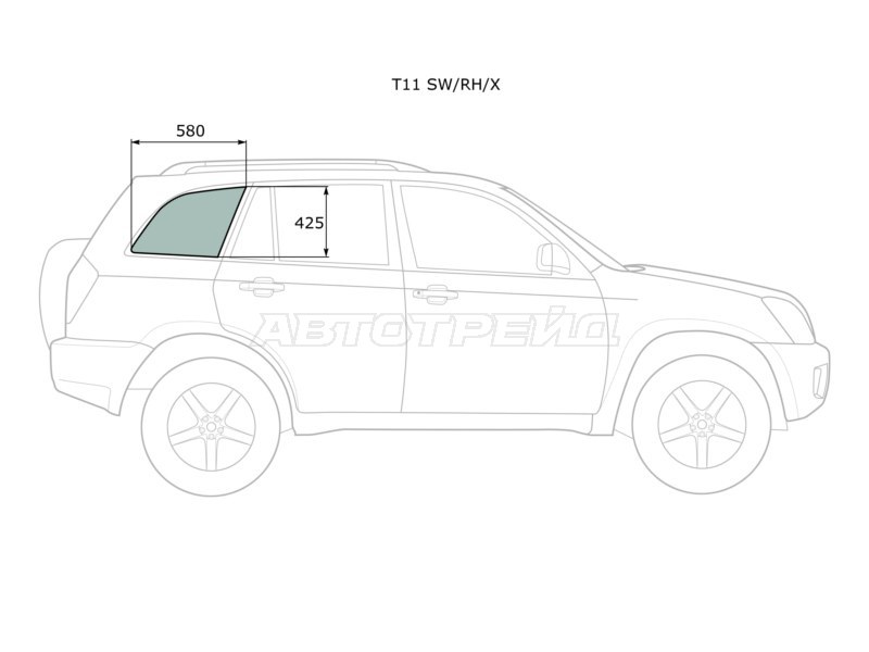 Стекло кузова боковое (не опускное) (Справа / Цвет зеленый) Chery Tiggo T11 05-16  / Vortex Tingo 10-14 (XYG: T11 SW/RH/X)