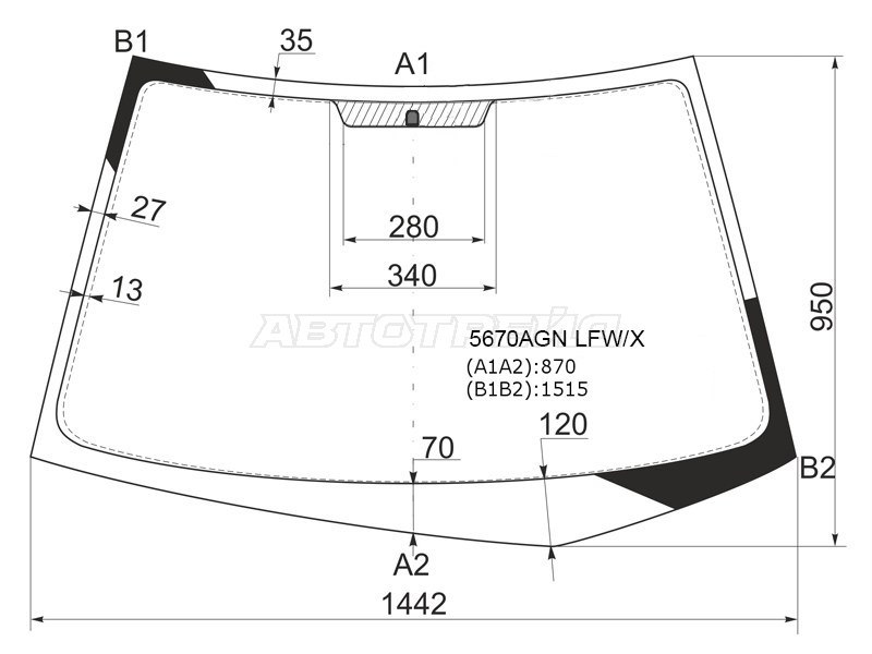 Стекло лобовое Mitsubishi Lancer 02-10  / Lancer Evolution 01-08 (XYG: 5670AGN LFW/X)