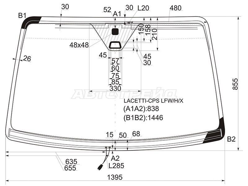 Стекло лобовое (Обогрев щеток / Антенна / Датчик дождя) Chevrolet Lacetti 04-13  / Daewoo Lacetti 04-09  / Chevrolet Nubira 04-13  / Optra 04-13  / Daewoo Gentra 05-15  / Nubira 02-05  / Ravon Gentra 15-  / Suzuki Forenza 03-08 (XYG: LACETTI-CPS LFW/H/X)