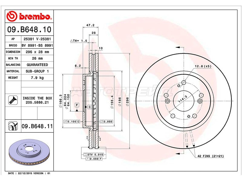 Диск тормозной (Спереди) Honda CR-V 06-18 (BREMBO: 09.B648.10)