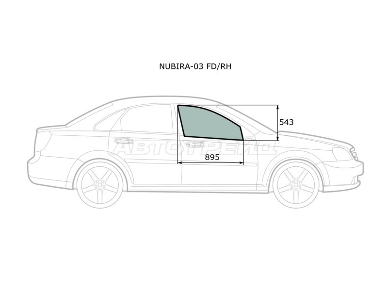 Стекло боковое опускное (Спереди / Справа / Цвет зеленый) Chevrolet Lacetti 04-13  / Daewoo Lacetti 04-09  / Chevrolet Nubira 04-13  / Optra 04-13  / Daewoo Gentra 05-15  / Nubira 02-05  / Ravon Gentra 15-  / Suzuki Forenza 03-08 (XYG: NUBIRA-03 FD/RH)
