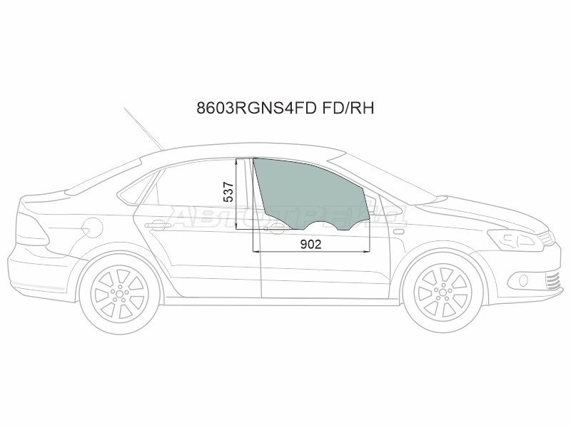 Стекло боковое опускное (Спереди / Справа / Цвет зеленый) Skoda Rapid 20-  / Volkswagen Polo 09-20 (XYG: 8603RGNS4FD FD/RH)
