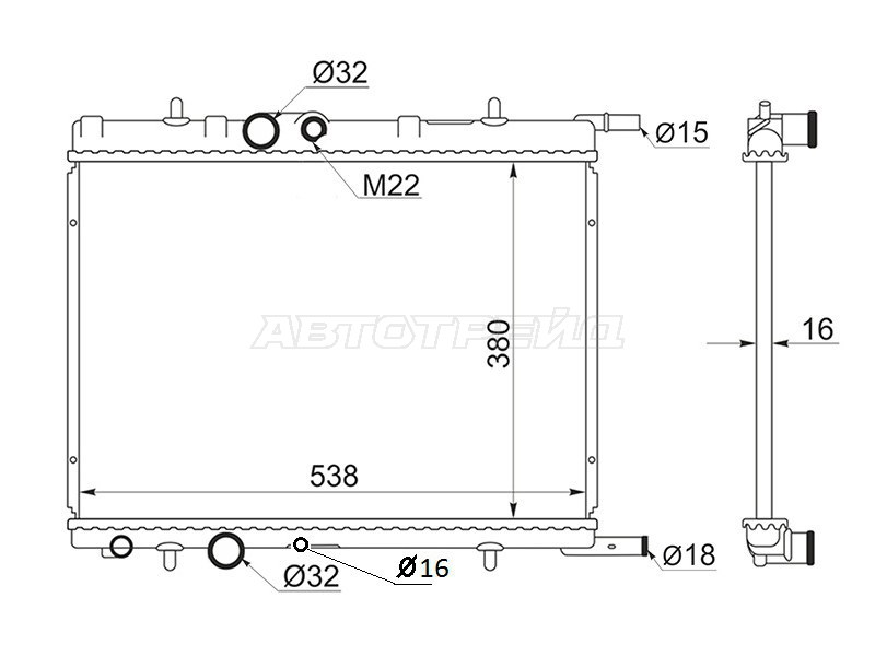 Радиатор Citroen Berlingo 96-22  / C4 04-11  / Xsara 97-06  / Xsara Picasso 99-09  / Peugeot 206 98-09  / 207 06-15  / 307 01-08  / Partner 96-12 (SAT: SG-PG0001-R)