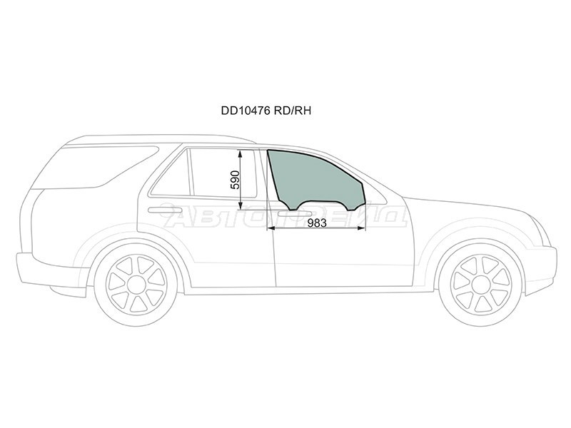Стекло боковое опускное (Спереди / Справа / Цвет зеленый) Cadillac SRX 04-09 (XYG: DD10476 FD/RH)