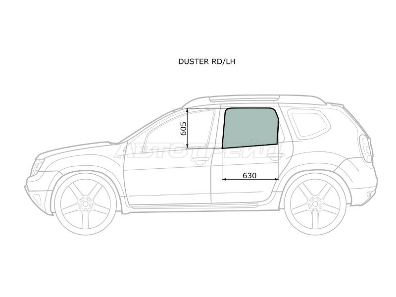 Стекло боковое опускное (Сзади / Слева / Цвет зеленый) Nissan Terrano 14-22  / Renault Duster 10-21  / Dacia Duster 10-17 (XYG: DUSTER RD/LH)