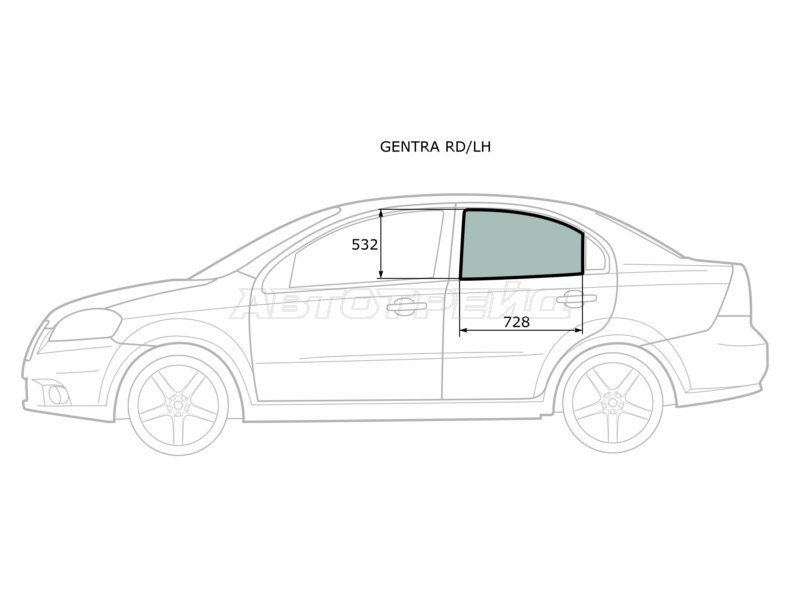 Стекло боковое опускное (Сзади / Слева / Цвет зеленый) Chevrolet Aveo 05-11  / Nexia 20-  / Daewoo Gentra 05-11  / Ravon Nexia R3 16-  / ЗАЗ Вида 12-14 (XYG: GENTRA RD/LH)