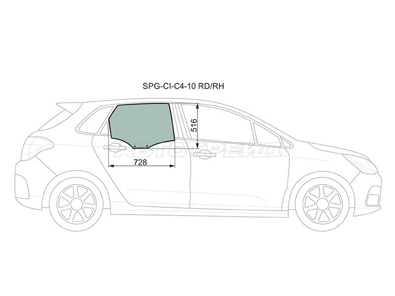 Стекло боковое опускное (Сзади / Справа / Цвет зеленый) Citroen C4 04- (SAT: SPG-CI-C4-10 RD/RH)