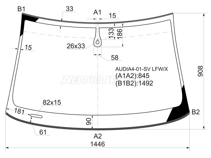 Стекло лобовое (Датчик дождя / Молдинг / 4D SED /5D WGN) Audi A4 00-09  / S4 04-08 (XYG: AUDIA4-01-SV LFW/X)