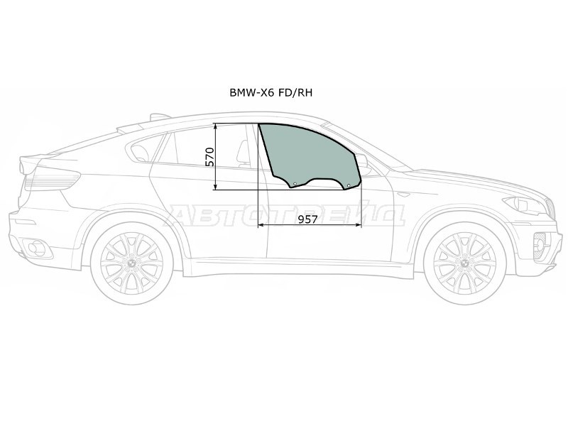 Стекло боковое опускное (Спереди / Справа / Цвет зеленый) BMW X6 08-14 (XYG: BMW-X6 FD/RH)