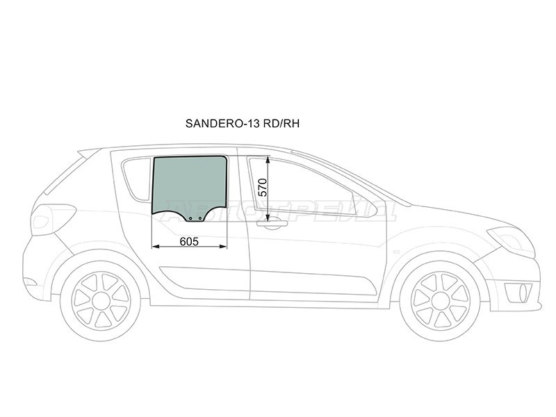 Стекло боковое опускное (Сзади / Справа / Цвет зеленый) Renault Logan 14-  / Sandero 14-  / Dacia Logan 12-19  / Sandero 12-19  / Sandero Stepway 12-19  / Renault Logan Stepway 18-  / Sandero Stepway 14-22 (XYG: SANDERO-13 RD/RH)