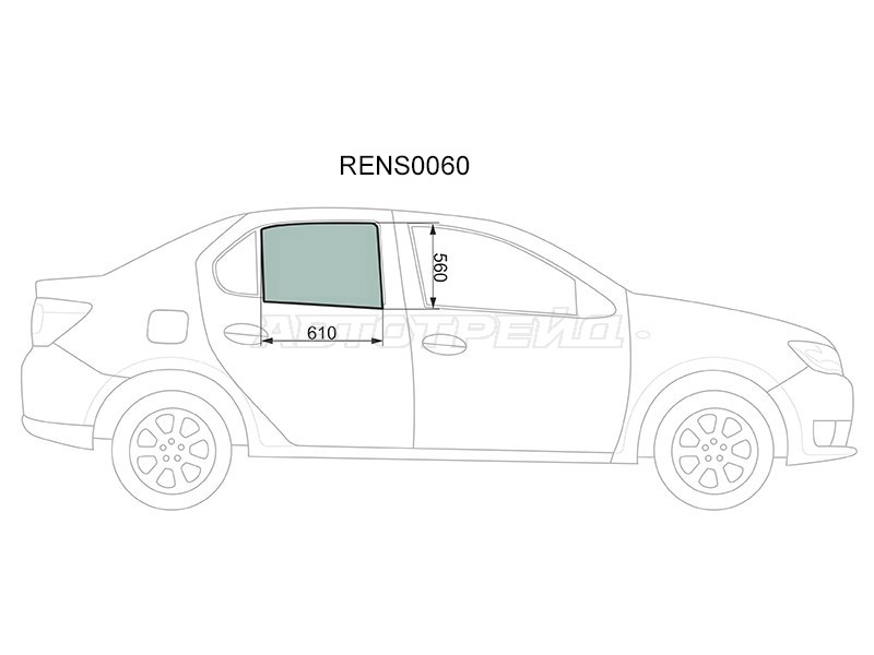 Стекло боковое опускное (Сзади / Справа / Цвет зеленый) Renault Logan 14-  / Sandero 14-  / Dacia Logan 12-19  / Sandero 12-19  / Sandero Stepway 12-19  / Renault Logan Stepway 18-  / Sandero Stepway 14-22 (KMK: RENS0060)
