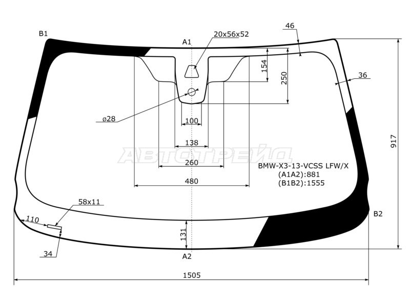 Стекло лобовое (Камера / Датчик дождя) BMW X3 14-17 (XYG: BMW-X3-13-VCSS LFW/X)