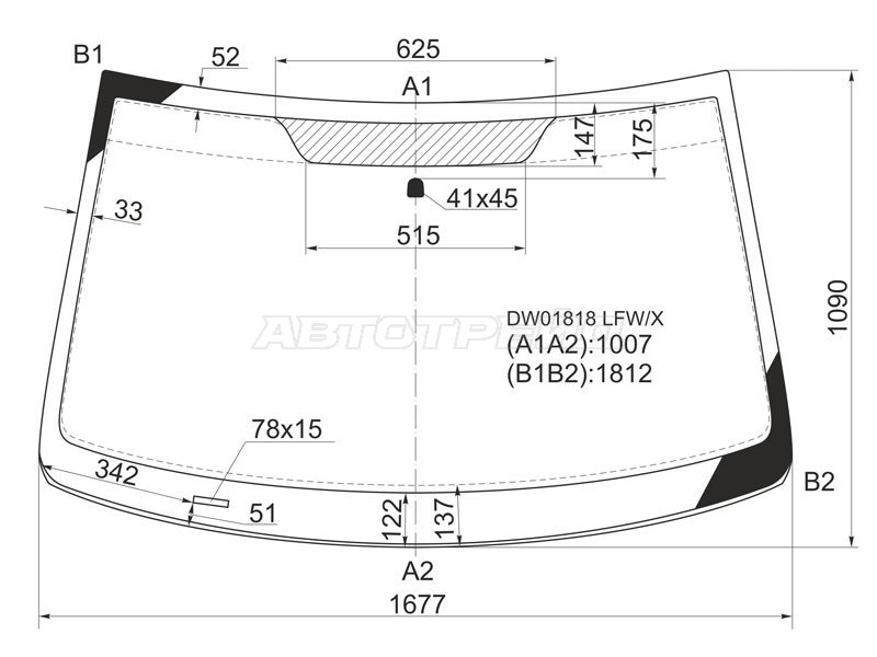 Стекло лобовое Chrysler Grand Voyager 08-15  / Town&Country 08-15  / Voyager 07-16  / Dodge Caravan 07-18  / Volkswagen Routan 08-12 (XYG: DW01818 LFW/X)