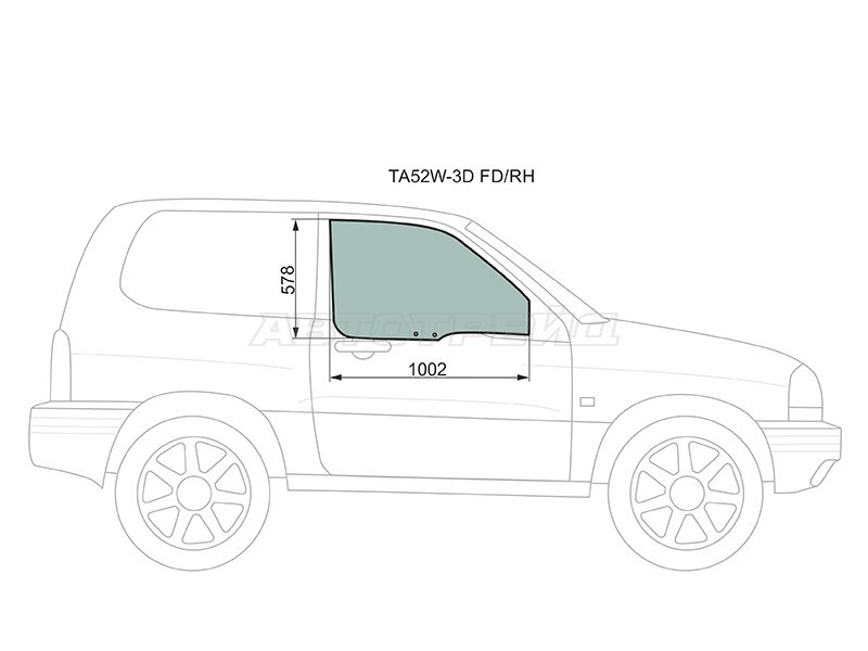 Стекло боковое опускное (Спереди / Справа / Цвет зеленый) Suzuki Escudo 97-05  / Grand Vitara 97-05  / Chevrolet Tracker 97-05  / Mazda Proceed Levante 98-99  / Suzuki Grand Escudo 00-05  / Grand Vitara XL-7 01-06 (XYG: TA52W-3D FD/RH)