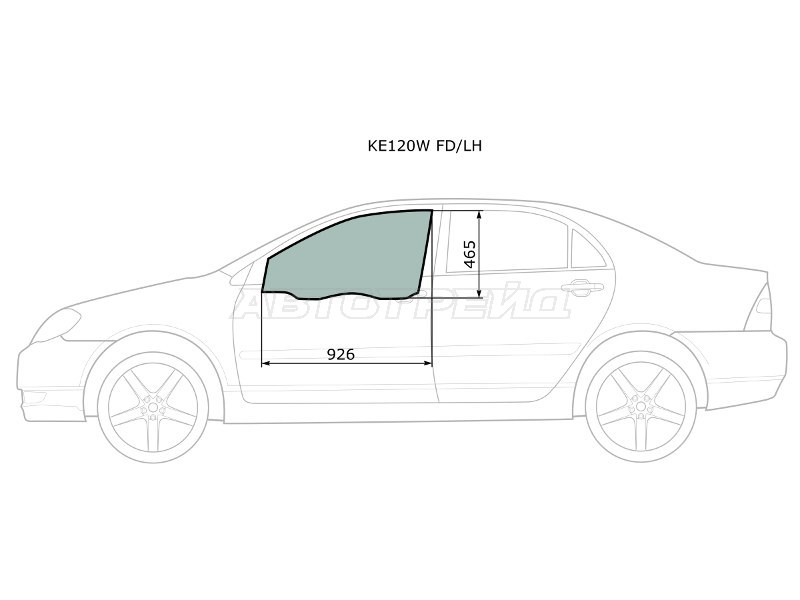 Стекло боковое опускное (Спереди / Слева / Цвет зеленый) Toyota Corolla (E120) 00-07  / Corolla Fielder (E120) 00-06  / Corolla JPN (E120) 00-07  / BYD F3 05-14  / Lifan Solano 10-16  / Toyota Allex 01-06  / Corolla Runx (E120) 01-06 (XYG: KE120W FD/LH)