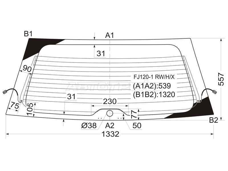Стекло заднее (Цвет зеленый / Обогрев) Toyota Land Cruiser Prado (J120) 02-09  / Lexus GX 02-09 (XYG: FJ120-1 RW/H/X)