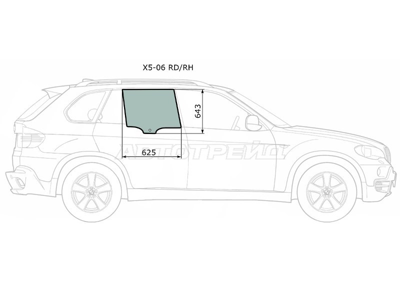 Стекло боковое опускное (Сзади / Справа / Цвет зеленый) BMW X5 06-13 (XYG: X5-06 RD/RH)