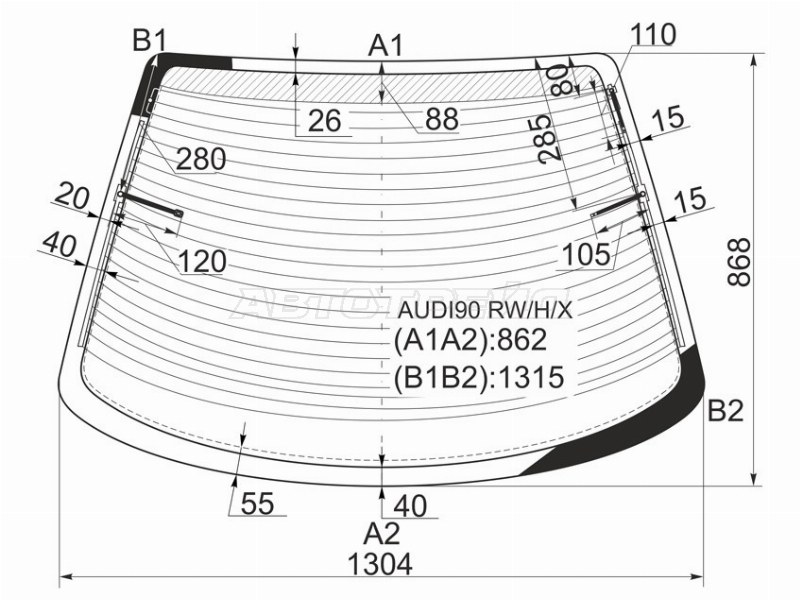 Стекло заднее (Цвет зеленый / Обогрев / Антенна) Audi 80 91-95 (XYG: AUDI90 RW/H/X)