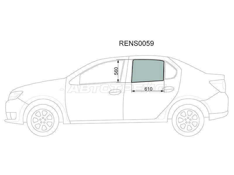 Стекло боковое опускное (Сзади / Слева / Цвет зеленый) Renault Logan 14-  / Sandero 14-  / Dacia Logan 12-19  / Sandero 12-19  / Sandero Stepway 12-19  / Renault Logan Stepway 18-  / Sandero Stepway 14-22 (KMK: RENS0059)