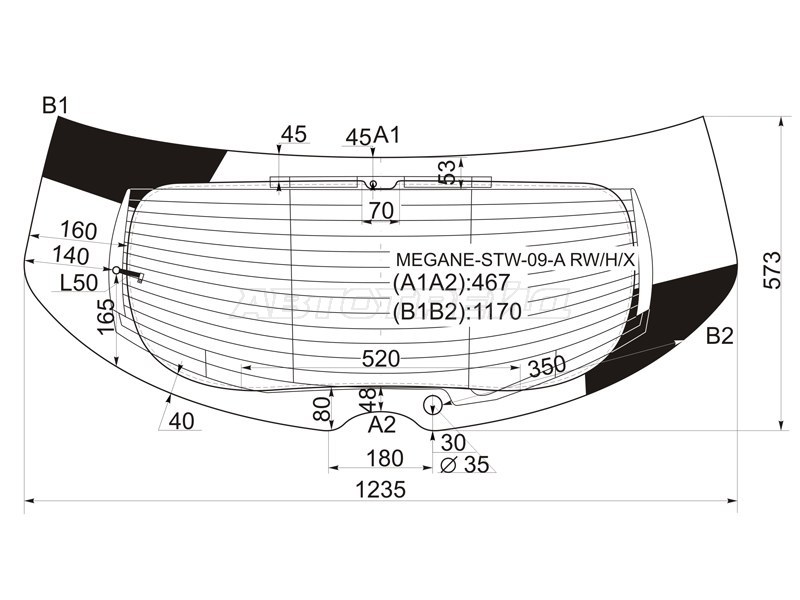 Стекло заднее (Цвет зеленый / Обогрев / Антенна) Renault Megane 08-16 (XYG: MEGANE-STW-09-A RW/H/X)