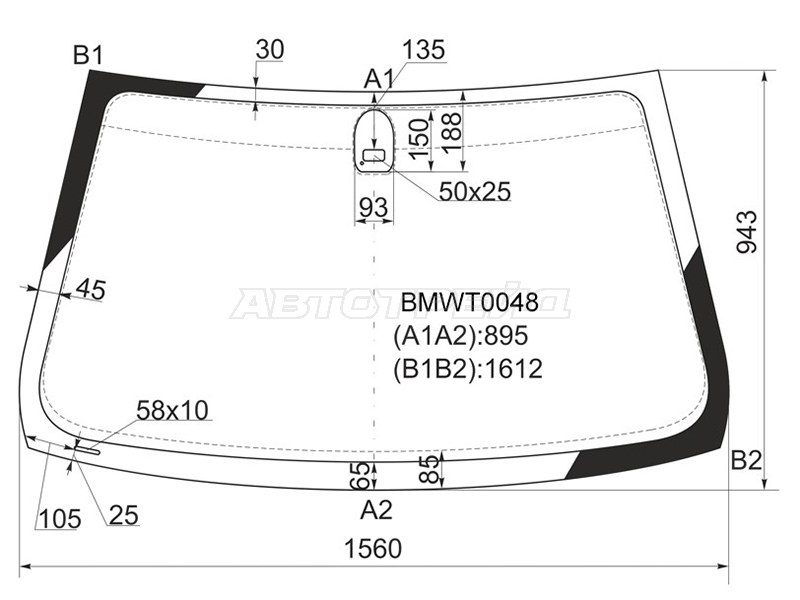 Стекло лобовое (Датчик дождя) BMW X5 99-06 (KMK: BMWT0048)