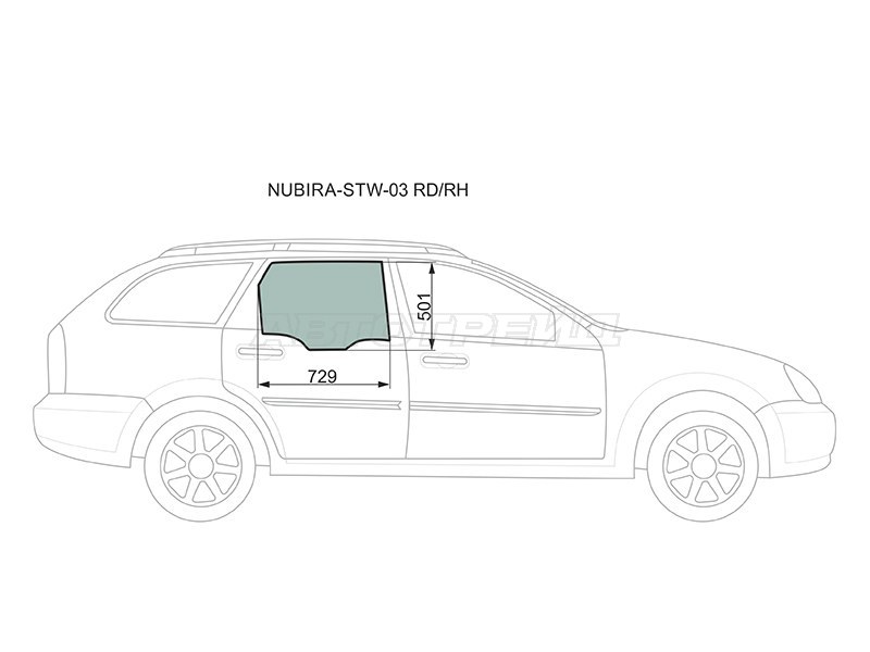 Стекло боковое опускное (Сзади / Справа / Цвет зеленый) Chevrolet Lacetti 04-13  / Daewoo Lacetti 04-09  / Chevrolet Nubira 04-13  / Optra 04-13  / Daewoo Nubira 02-05  / Suzuki Forenza 03-08 (XYG: NUBIRA-STW-03 RD/RH)