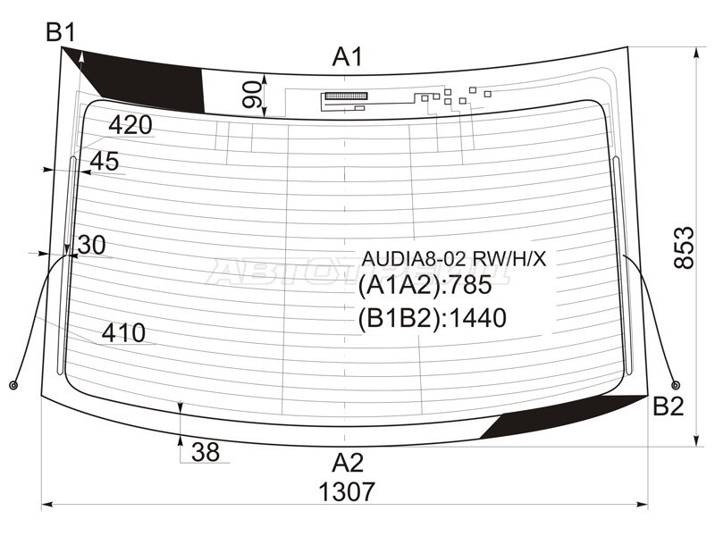 Стекло заднее (Цвет зеленый / Обогрев / Антенна) Audi A8 02-10 (XYG: AUDIA8-02 RW/H/X)