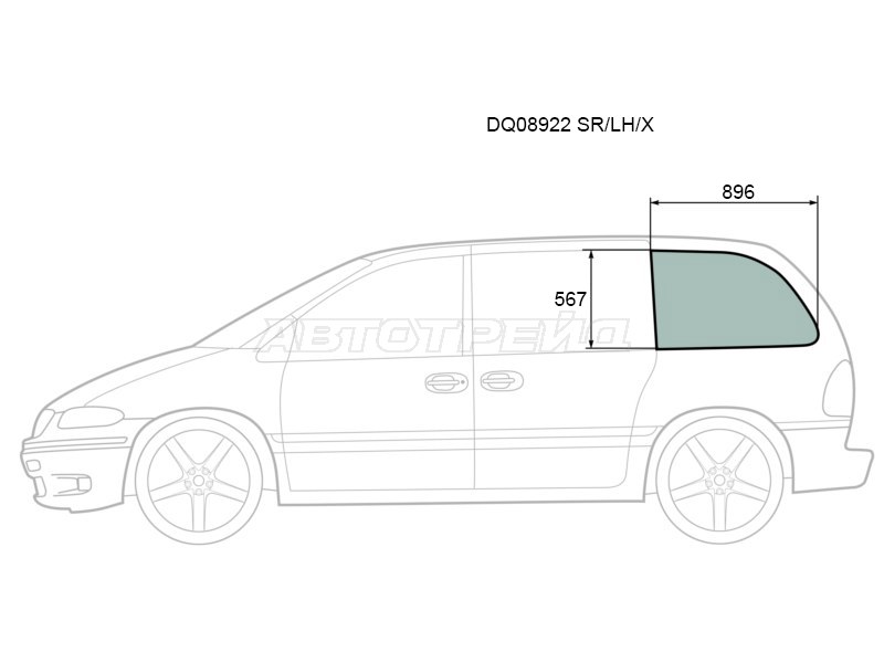 Стекло кузова боковое (не опускное) (Слева / Цвет зеленый) Chrysler Town&Country 95-00  / Voyager 95-00  / Dodge Caravan 96-00 (XYG: DQ08922 SR/LH/X)