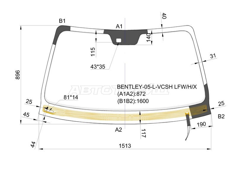 Стекло лобовое (Обогрев щеток / Датчик дождя / Молдинг) Bentley Flying Spur 05-13 (XYG: BENTLEY-05-L-VCSH LFW/H/X)