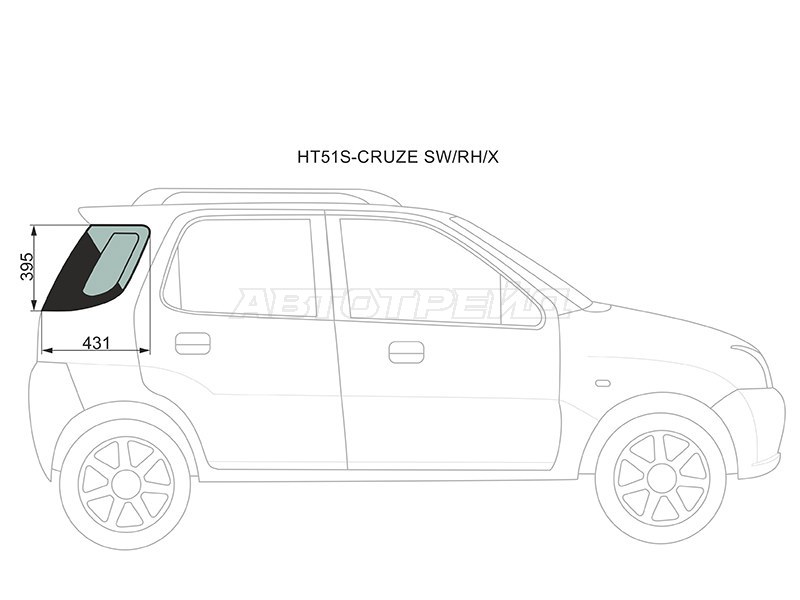 Стекло кузова боковое (не опускное) (Справа / Цвет зеленый) Chevrolet Cruze 01-08  / Subaru Justy 03-07  / Suzuki Ignis 04-07 (XYG: HT51S-CRUZE SW/RH/X)