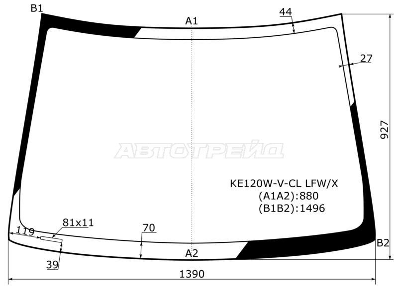Стекло лобовое Toyota Corolla (E120) 00-07  / Corolla Fielder (E120) 00-06  / Corolla JPN (E120) 00-07  / BYD F3 05-14  / Geely Vision 08-17  / Lifan Solano 10-16  / Toyota Allex 01-06  / Corolla Runx (E120) 01-06 (XYG: KE120W-V-CL LFW/X)