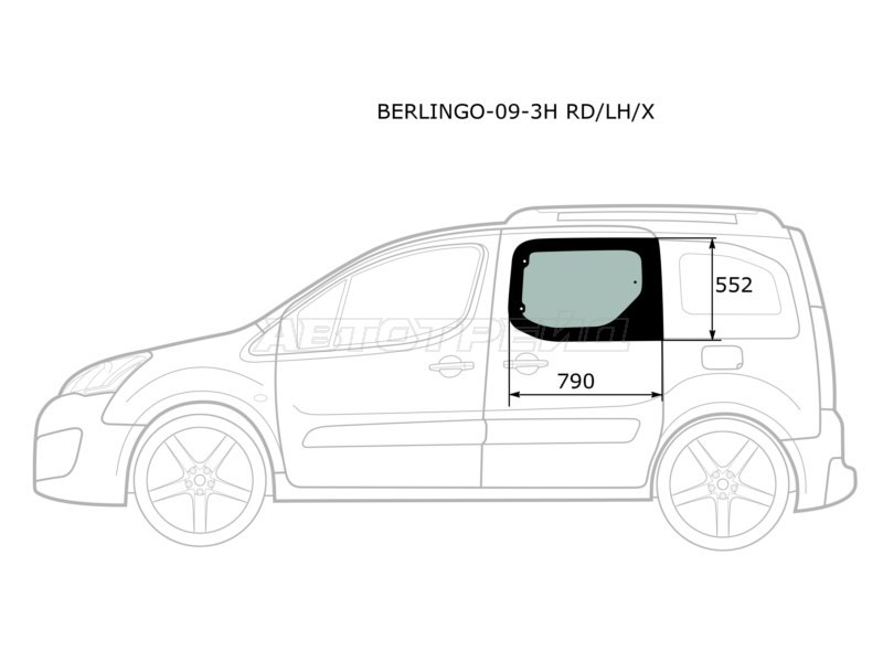 Стекло боковое опускное (Сзади / Слева / Цвет зеленый) Citroen Berlingo 08-22  / Peugeot Partner 08-15  / Partner Origin 08-11  / Partner Tepee 08-18 (XYG: BERLINGO-09-3H RD/LH/X)