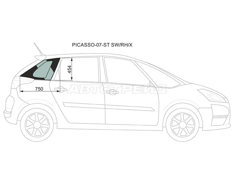 Стекло кузова боковое (не опускное) (Справа / Цвет зеленый) Citroen C4 Picasso 07-14 (XYG: PICASSO-07-ST SW/RH/X)