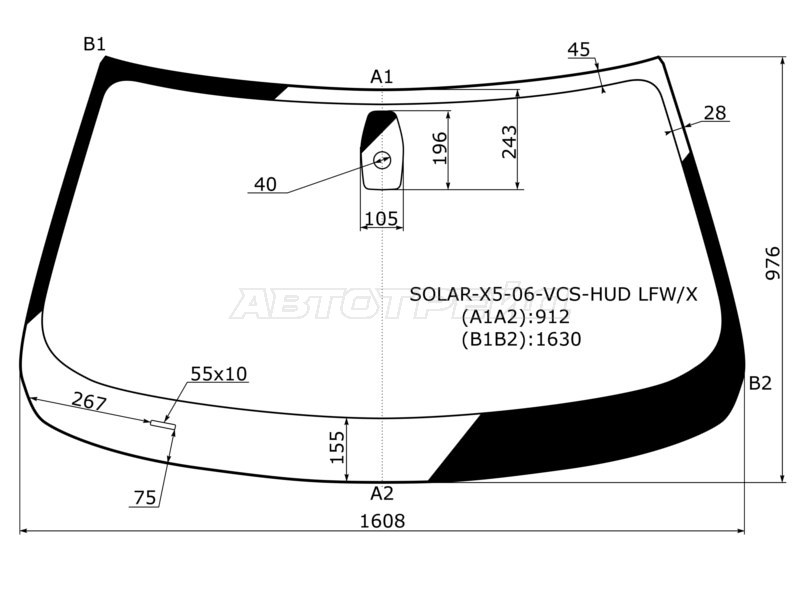 Стекло лобовое (Атермальное / Датчик дождя / Проекция / Молдинг) BMW X5 06-13 (XYG: SOLAR-X5-06-VCS-HUD LFW/X)
