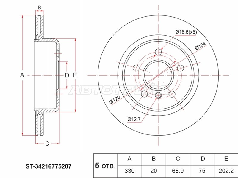 Диск тормозной (Зад) BMW 5-Series 09-17 (SAT: ST-34216775287)