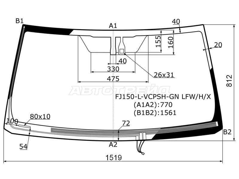 Стекло лобовое (Обогрев щеток / Датчик дождя) Toyota Land Cruiser Prado (J150) 09-20  / Lexus GX 02-19 (XYG: FJ150-L-VCPSH-GN LFW/H/X)